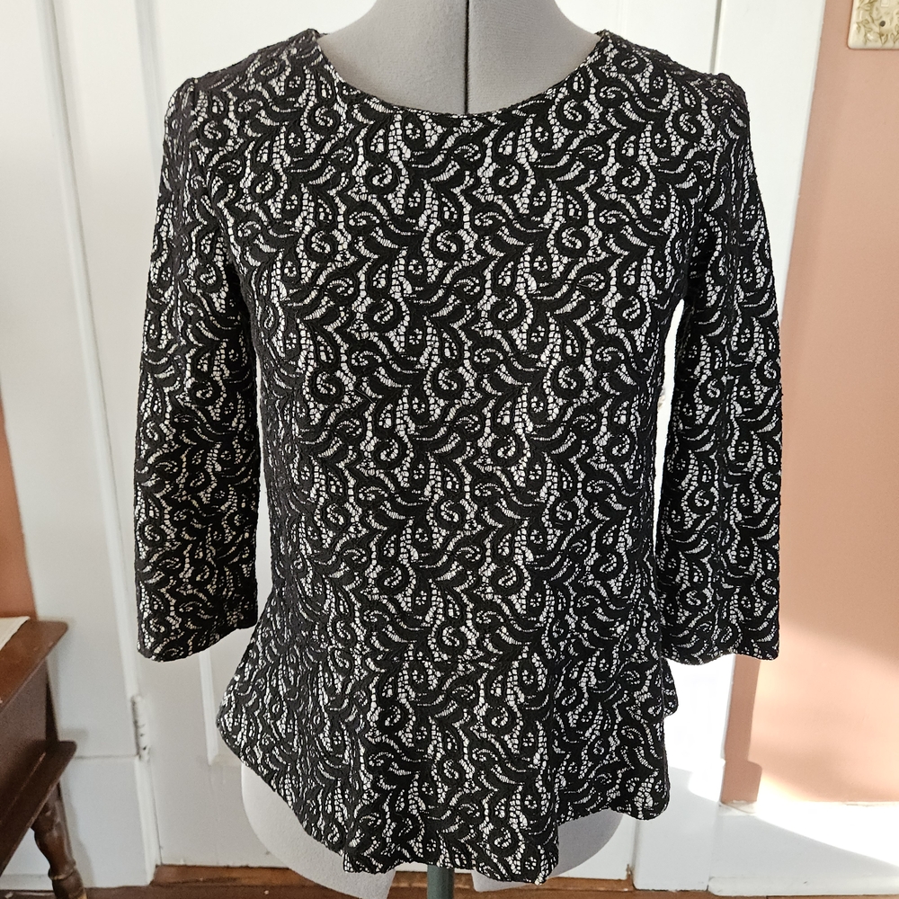 J. Crew Black & White Lace Peplum Blouse - S